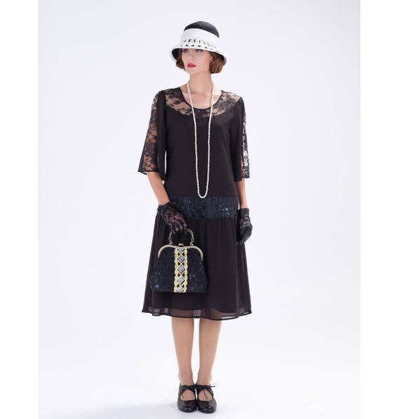 Black 1920s Chiffon and Lace Dress 