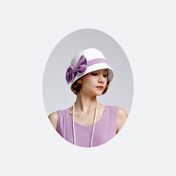 Great Gatsby hat with off-white cotton and lavender ribbon, Downton Abbey hat, 1920shigh tea hat, flapper hat, 1920s cloche hat, summer hat