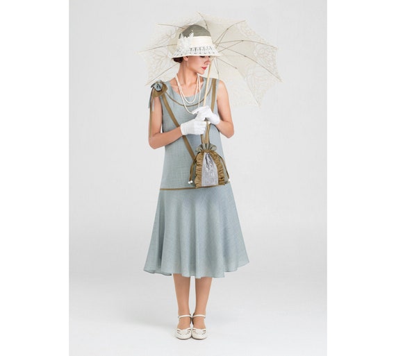 1920s Linen Dress in Grey \u0026 Olive Green 