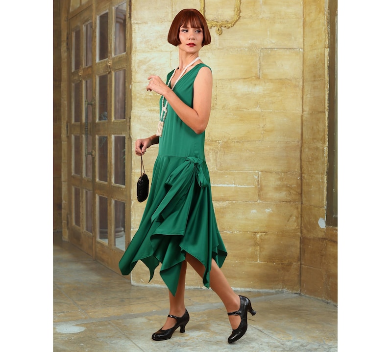 Great Gatsby Costumes –  Gatsby Costumes & Dresses     Green Roaring 20s satin dress with handkerchief skirt Charleston dance dress Gatsby party dress 1920s evening dress green flapper dress  AT vintagedancer.com