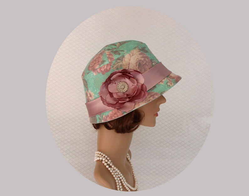 Sweet Great Gatsby cloche hat in sea foam with rose print 1920s cloche hat Downton Abbey hat 1920s clothing high tea hat Green cloche