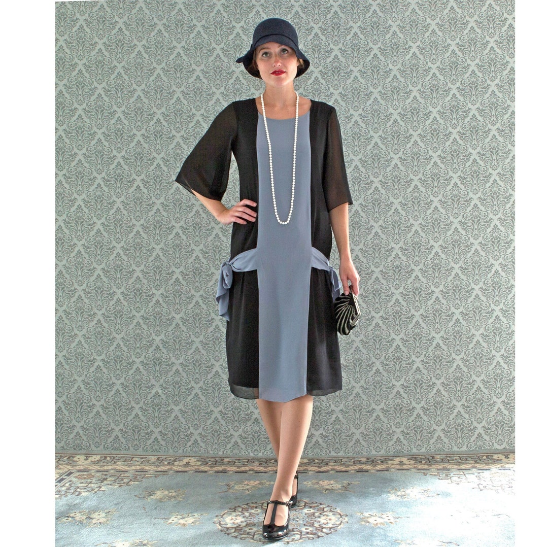 Black and Grey Roaring 20s Dress With Sleeves, 1920s Flapper Dress ...