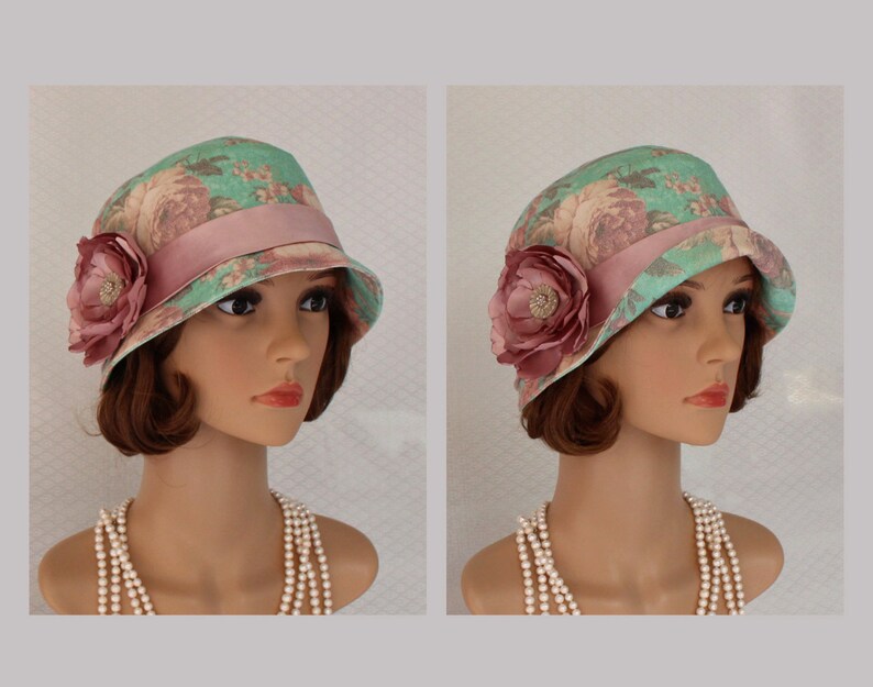 Sweet Great Gatsby cloche hat in sea foam with rose print 1920s cloche hat Downton Abbey hat 1920s clothing high tea hat Green cloche