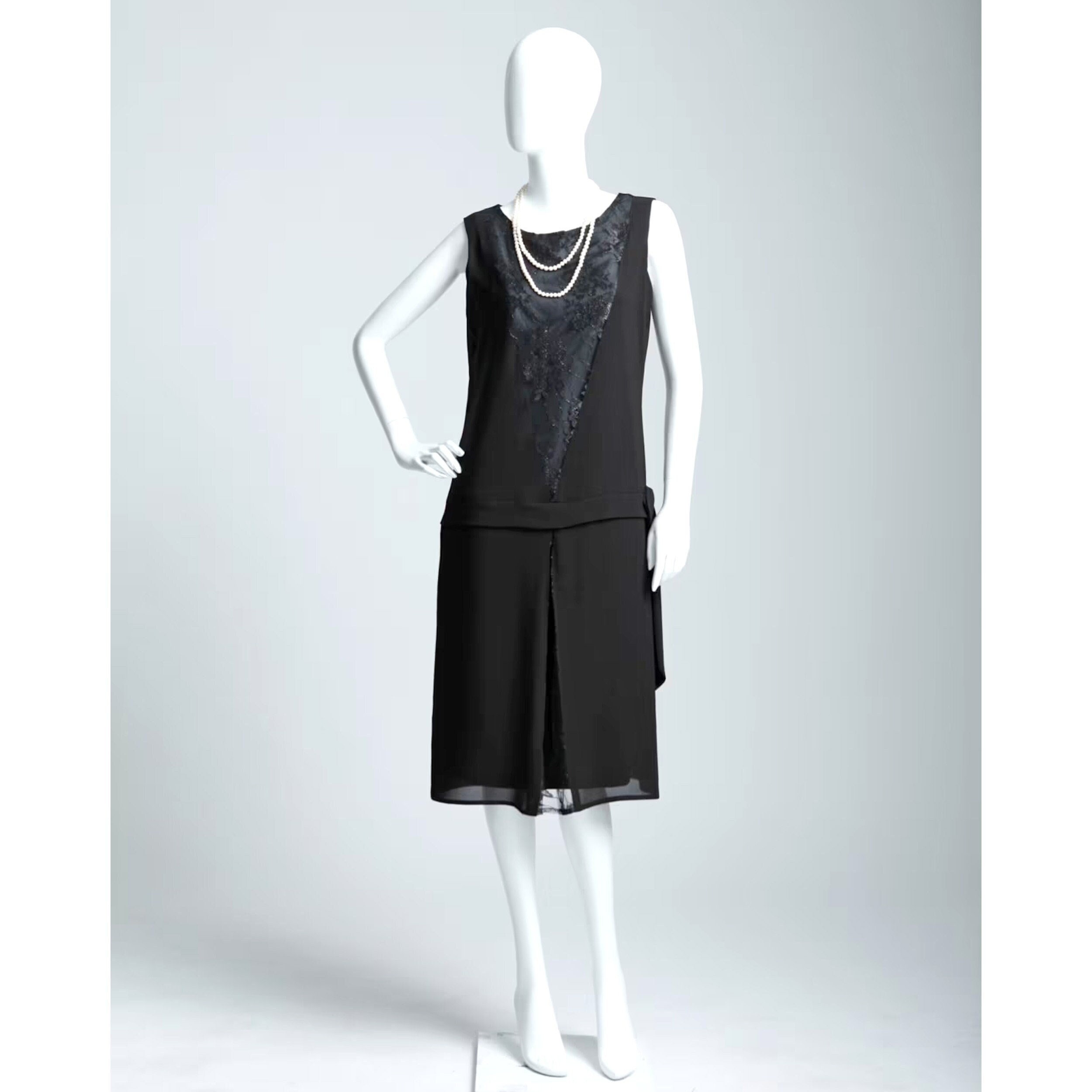 Sleeveless Black Chiffon and Lace Flapper Dress 1920s Dress 