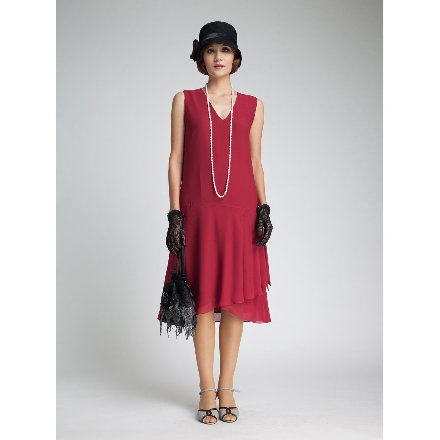 Maroon Red Chiffon Flapper Dress With ...