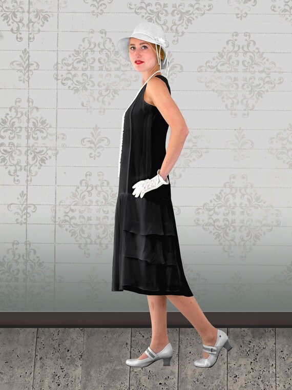 Black Chiffon Flapper Dress With Tiered Skirt, Great Gatsby Dress