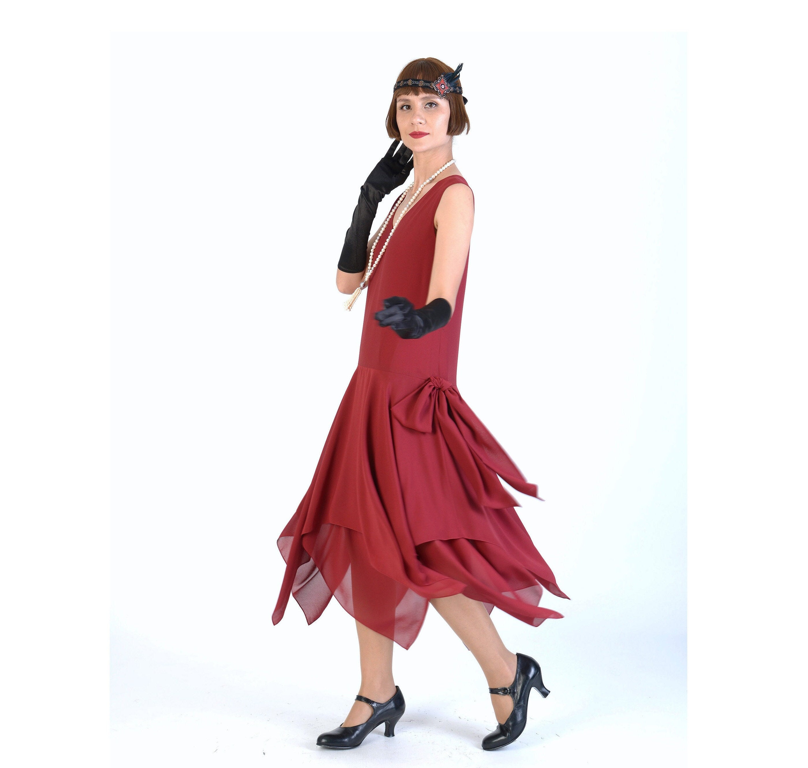 Taylor愛用ブランド♪Fontaine Dress*1920年代ワンピース 1920s Chiffon Party Dress With Handkerchief Skirt in Maroon