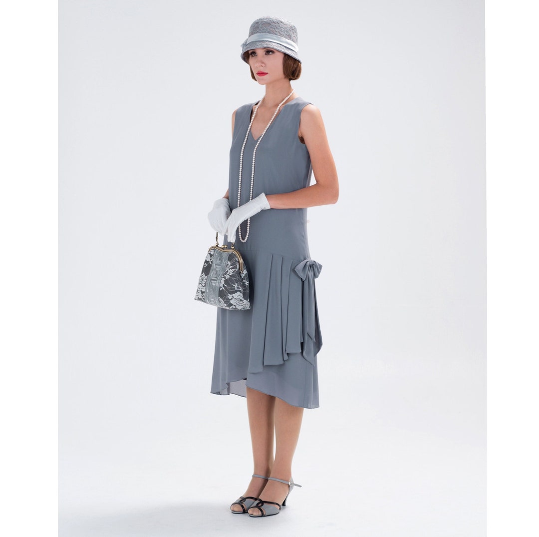1920s Dress in Grey With Drape and Bow, 1920s Fashion, Great Gatsby Dress, Downton Abbey Dress