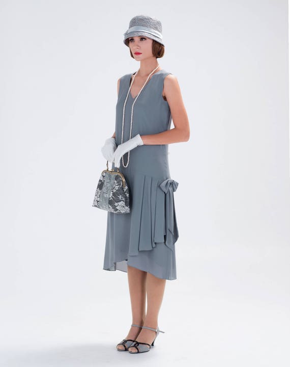Downton Abbey Inspired Dresses 1920s-inspired flapper dress in grey with drape and bow 1920s fashion Great Gatsby dress Downton Abbey dress high tea dress 20s dress laviedelight $130.00 AT vintagedancer.com