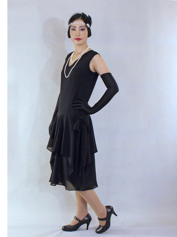 Handkerchief Skirt Black 20s Dress 