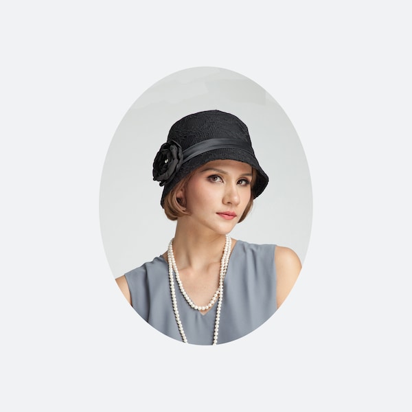 Black cloche hat with cotton and lace, 1920s flapper hat, black Great Gatsby hat, black summer cloche hat, 1920s daywear, Downton Abbey hat