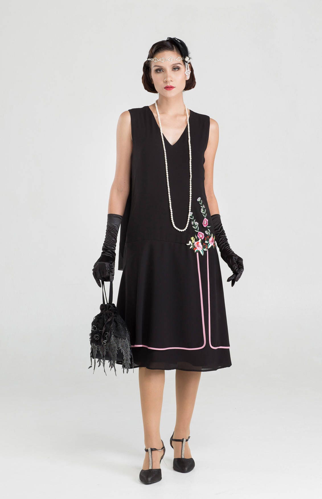 Roaring Twenties Party Dress in Black Chiffon and Floral - Etsy