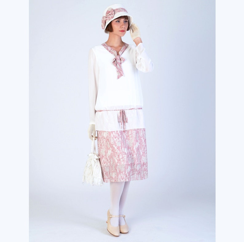 Buy Boardwalk Empire Inspired Dresses     2-piece 1920s reproduction day dress in off-white chiffon & pink camouflage print Gatsby day dress 1920s tea dress Downton Abbey dress  AT vintagedancer.com