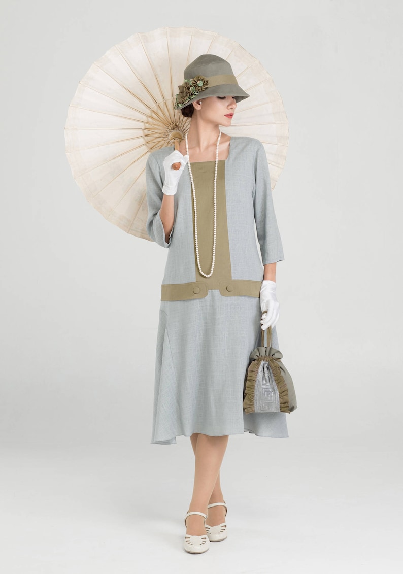 Modest, Mature, Mrs. Vintage Dresses – 20s, 30s, 40s, 50s, 60s Great Gatsby linen dress in grey and olive with square neck & 3/4 sleeves 1920s high tea dress Downton Abbey dress 1920s flapper dress LaVieDelight $140.00 AT vintagedancer.com