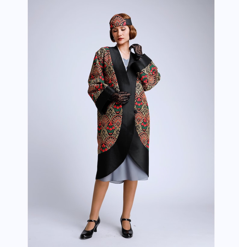 1920s Coats, Flapper Coats, 20s Jackets Black 1920s silk art deco coat Great Gatsby embroidered silk coat 20s silk art deco jacket 1920s art deco jacket art deco flapper jacket $330.00 AT vintagedancer.com