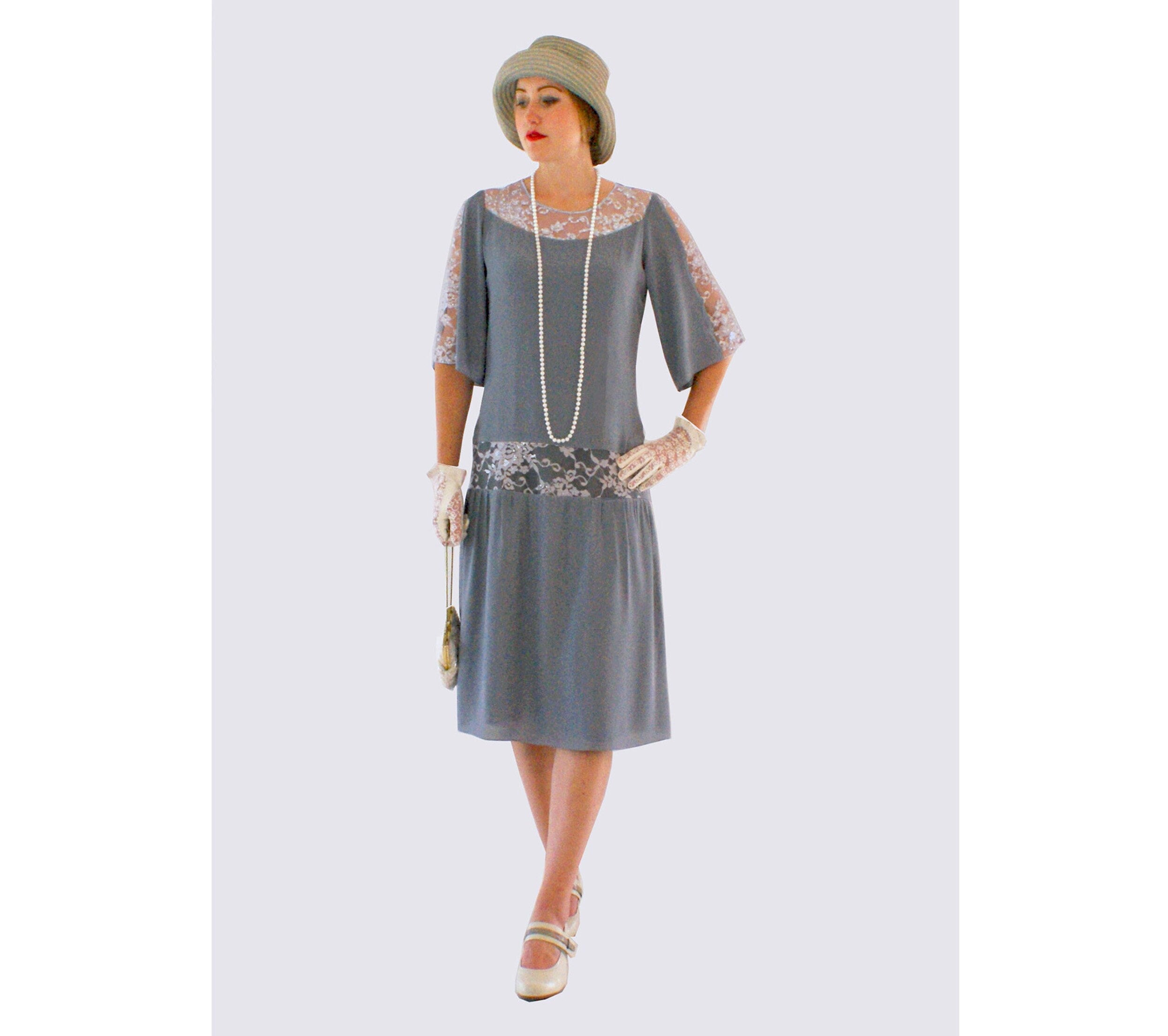 Grey Great Gatsby Dress With Elbow-length Sleeves 1920s