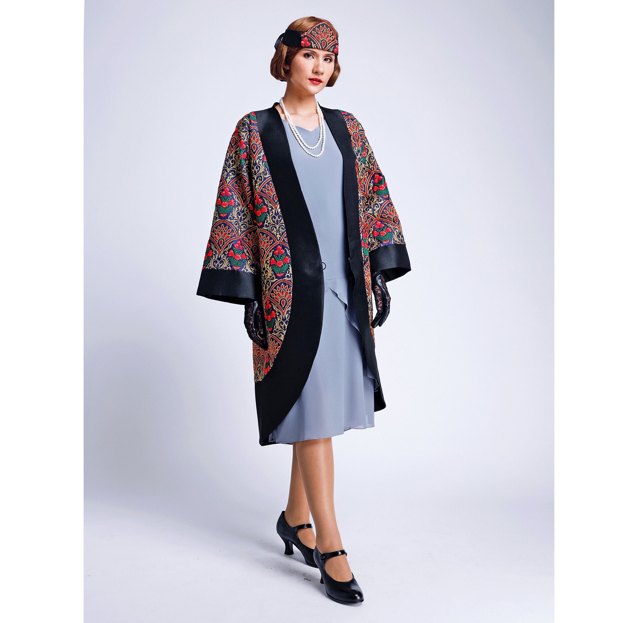 Great Gatsby 1920s Silk Coat in Blue and Black Embroidered Silk