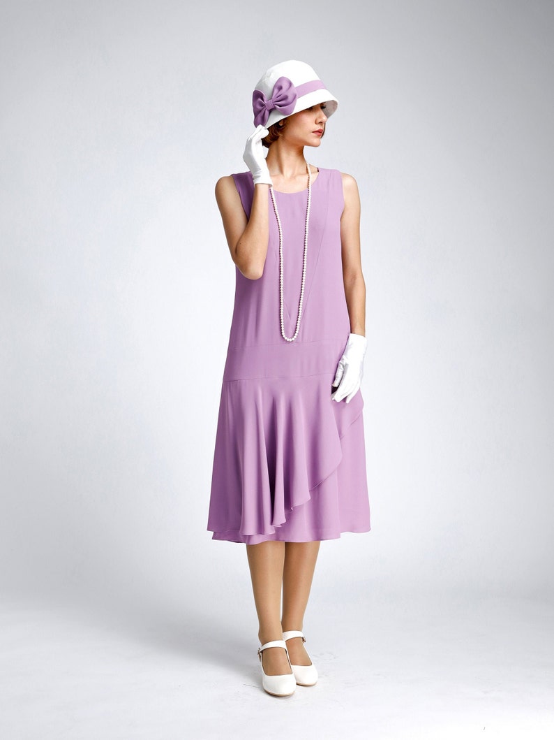 Roaring 20s Costumes- Flapper Costumes, Gangster Girl Costumes Lavender crepe georgette dress 1920s drop waist style with a ruffled skirt detail purple Great Gatsby summer dress 1920s high tea dress $130.00 AT vintagedancer.com