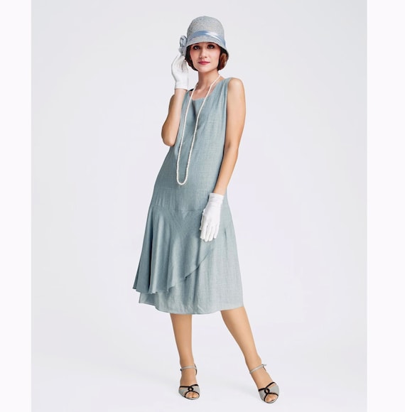 1920s Dress in Grey Linen With a Ruffled Skirt Detail, Linen Great Gatsby  Dress, Grey Linen Flapper Dress, 1920s Tea Dress, Robe Années 20 