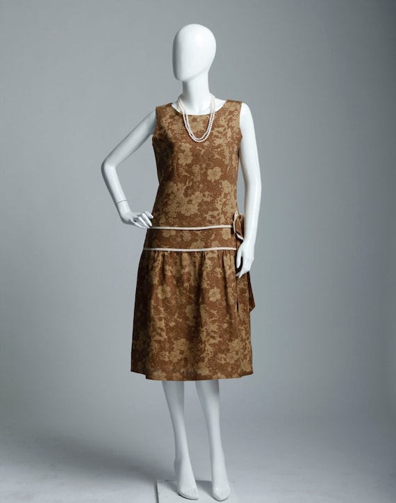 1920s Day Dress Floral Brown Linen Flapper Dress Great 