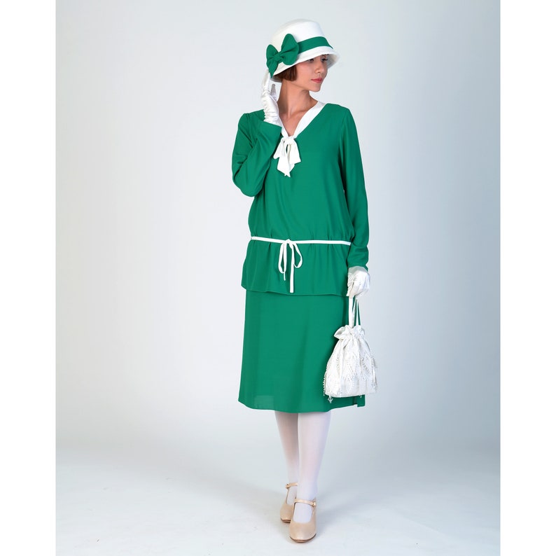 Great Gatsby Dress – Great Gatsby Dresses for Sale     2-piece 1920s ensemble in green with off-white details Great Gatsby day dress 1920s high tea dress green Downton Abbey dress 20s dress  AT vintagedancer.com