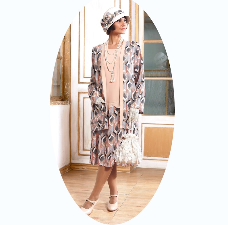 Vintage Suits Women | Work Wear & Office Wear     2-piece vintage inspired jacket and dress with nude and printed skirt 1920s flapper dress Great Gatsby dress 1920s dress and jacket set  AT vintagedancer.com