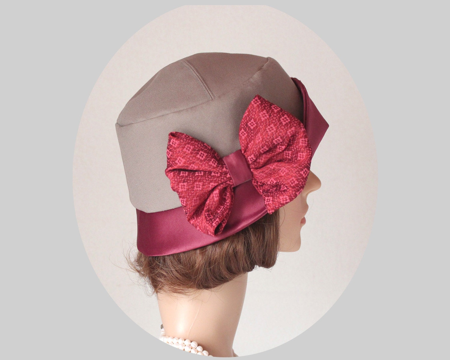 Pretty Cloche Hat in Wine Red and Khaki 