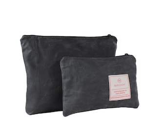Gray waxed canvas zipper pouch for men, Water resistant travel pouch, Mens large toiletry bag, Wax cotton zippered gadget case for husband