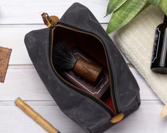 Small waxed canvas dopp kit for him, Water resistant travel case for men, Rugged travel accessory shaving kit, Gift for father's day