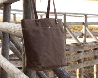 Tan waxed canvas tote bag with leather handles, Large minimalist work shoulder bag with pockets, Water resistant carryall travel bag