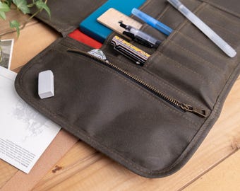 Kleine gewaxte canvas oproletui voor pennen met ritsvak, A5-rolhouder voor dagboeken cadeau voor schrijver