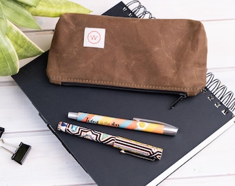 Waxed canvas pencil case for artists, Small pen holder gift for writers