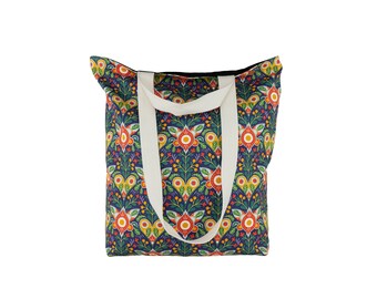 Summer farmer's market tote bag with retro ornamental print, Sustainable library cotton book bag, Reusable eco-friendly grocery shopping bag