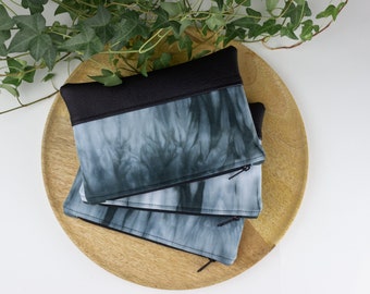 Small black and white tie dye shibori make up bag with vegan leather accent, Small boho zipper pouch travel toiletry bag gift for women