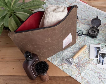 Extra large waxed canvas mens toiletry wash bag, gift for travellers