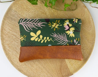 Dark green makeup bag with forest flower print, Cute small boho floral cosmetic bag with vegan leather, Retro gift for forest nature lovers