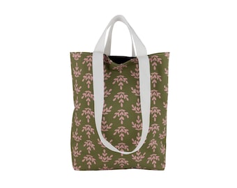 Olive green reusable tote bag with floral print, Unisex fall tote bag for teachers, Botanical cotton tote with straps, Cute plant lover gift