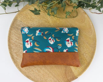 Teal retro floral makeup bag with vegan leather, Cute boho zipper pouch with flower print, Cosmetic bag gift for nature lover plant mom