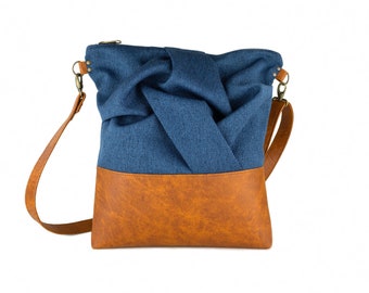 Blaue Boho Vegan Crossbody Tasche, Origami Boho Alltags Sling Bag, Slouchy Vegan Leder Schultertasche, Einzigartiges handgemachtes Taschengeschenk für Schwester