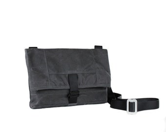 Small waxed canvas crossbody bag, Gray water resistant bag with adjustable strap, Women&#39;s canvas travel sling bag