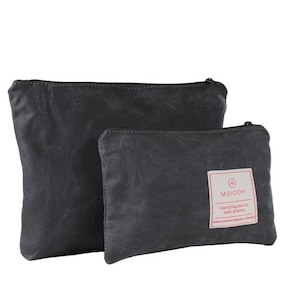 Borsa con cerniera in tela cerata grigia per uomo, Borsa da viaggio resistente all'acqua, Borsa da toilette grande per uomo, Custodia per gadget con cerniera in cotone cerato per marito