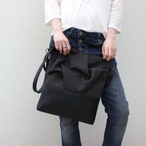 Black edgy crossbody bag with vegan leather accents, Minimalist messenger bag for women, Charcoal origami sling bag satchel, Gift for friend image 1