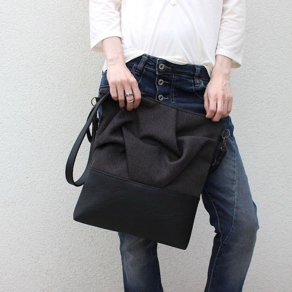 Black edgy crossbody bag with vegan leather accents, Minimalist messenger bag for women, Charcoal origami sling bag satchel, Gift for friend