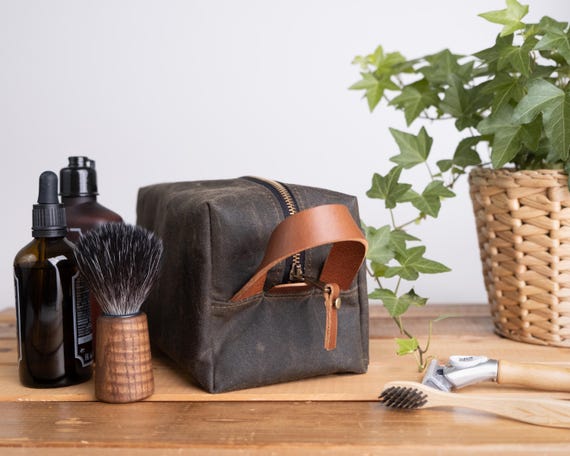 Small Waxed Canvas Dopp Kit for Him, Water Resistant Travel Case