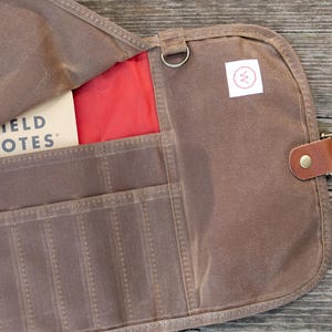 Waxed canvas pencil roll up case with zipper pocket, Fabric pen holder for artists