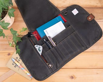 Small waxed canvas pencil roll up case with zipper pocket, Fabric pen holder for writers