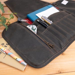 Piccolo astuccio arrotolabile in tela cerata con tasca con cerniera, astuccio arrotolabile per diario, regalo per scrittore