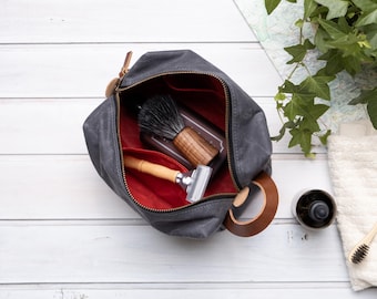 Large waxed canvas dopp kit for men, Water resistant travel accessory gift for father's day