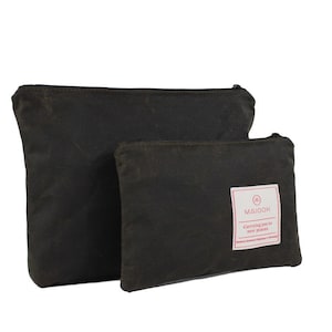 Borsa con cerniera in tela cerata color oliva per uomo, Borsa da viaggio resistente all'acqua, Borsa da toilette grande per uomo, Custodia per gadget con cerniera in cotone cerato per lui