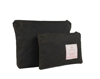Olive waxed canvas zipper pouch for men, Water-resistant travel toiletry bag with zipper closure